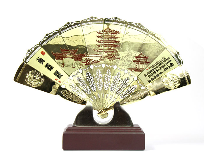 武汉文化礼品 送领导 送老外 黄鹤楼金扇工艺品